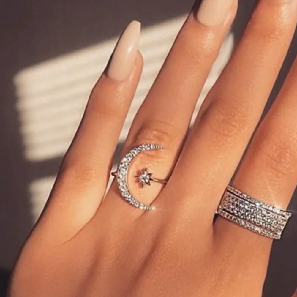 Rose Gold Moon Star Ring Rhinestones - Picture 6 of 13